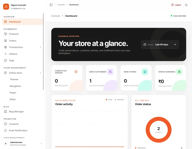 Webmins ecommerce platform dashboard showing orders, customers, earnings and store management navigation