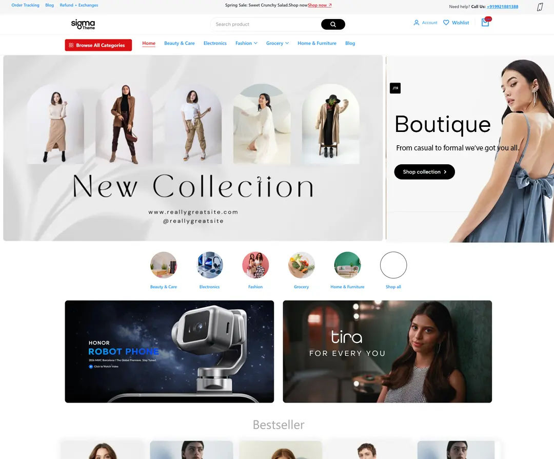 Webmins ecommerce website storefront with fashion collections, product categories and shopping cart navigation